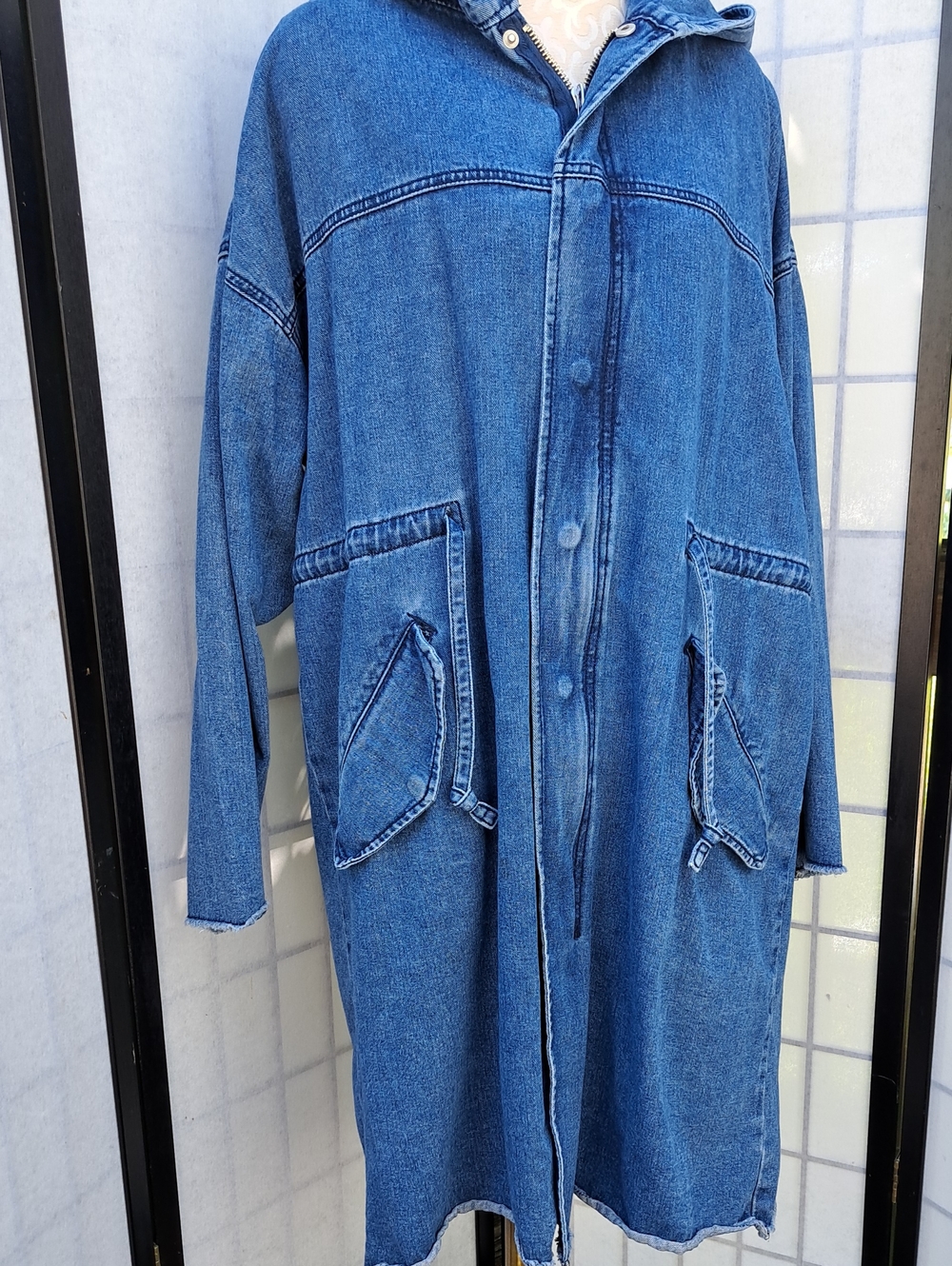 Forever 21 Womens Blue Denim Jean Hooded Long Jacket Size L